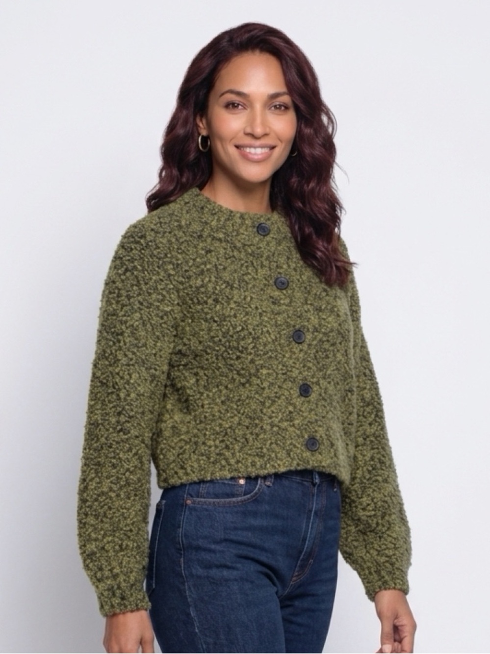 ZENANA Button Down Crew Neck Fuzzy Cardigan Green new